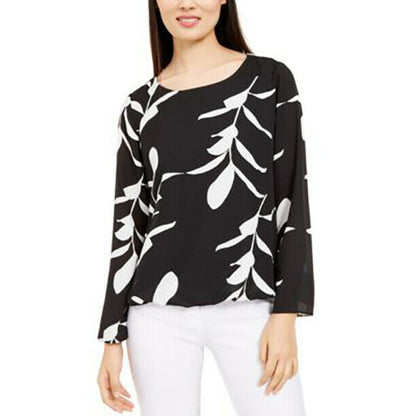 Alfani Floral-Printed Balloon-Hem Top Scoop Neck Long Sleeve Black Small Petite