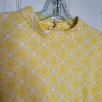 Vintage Size Large Polyester Yellow White Square Sleeveless Dress Maxi 1960s
