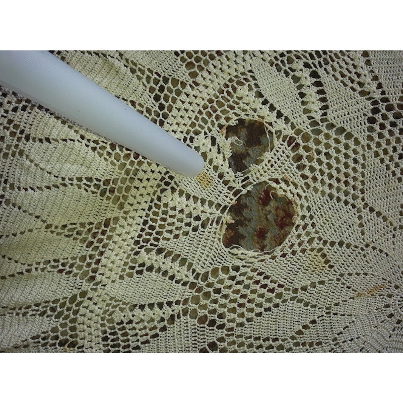 Vintage Round hand crocheted table cloth circle DAMAGED needs repair