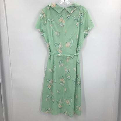 Vintage Green Floral Print Cap Sleeve Shift Dress Collared Neck Belted Waist