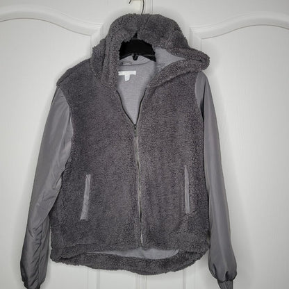 Zella Faux Shearling Bomber Jacket Front Zip Fixed Hood Long Sleeves Grey Large
