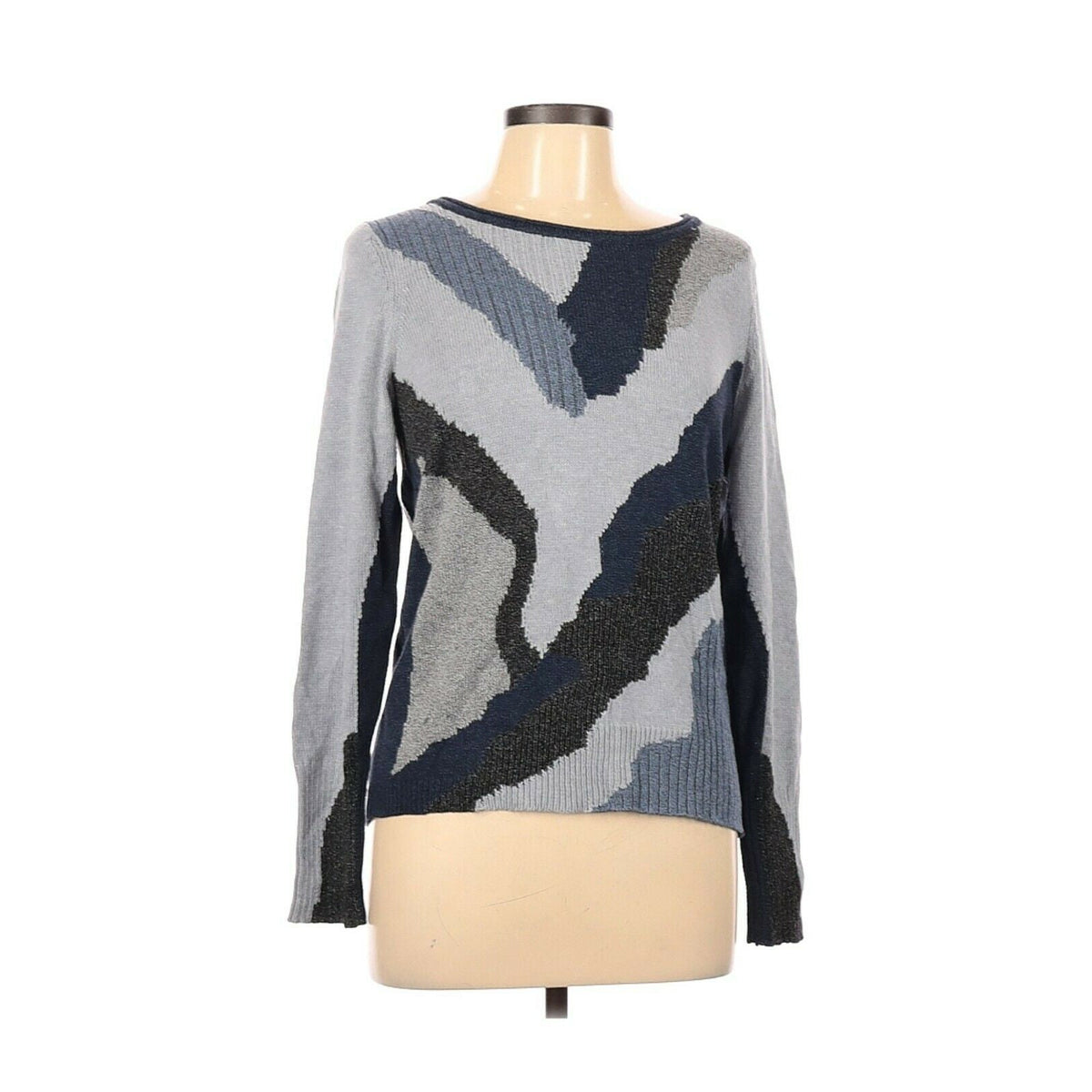 NIC & ZOE Back Zip Crew Neck Sweater Pullover Medium Gray Blue Geometric
