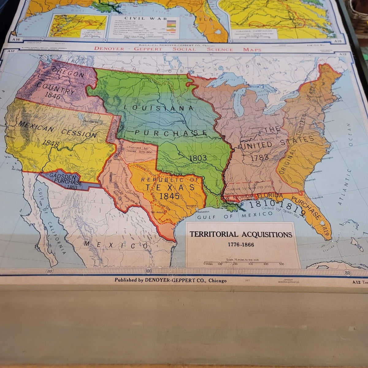 1960s Denoyer Geppert  School Wall Rollup Map Territorial Acquisitions 2 in 1
