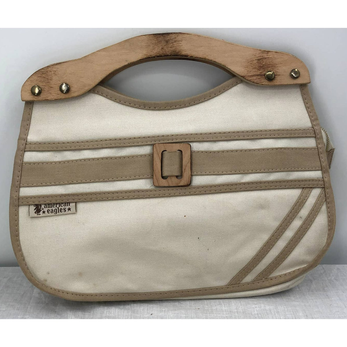 American Eagles Vintage Brown Cream Canvas Bag with Wooden Handles Top Handle