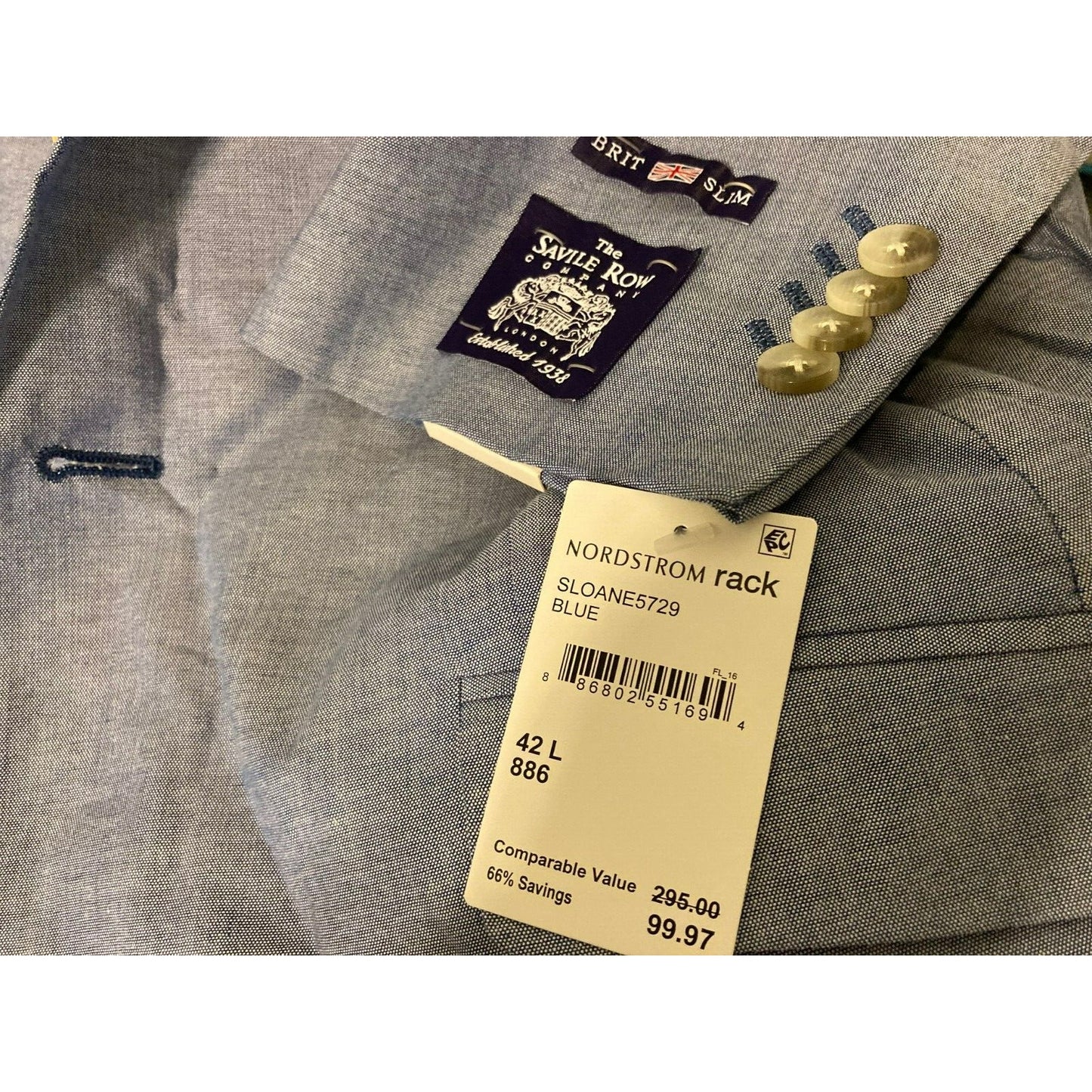 THE SAVILE ROW Sloane Chambray Cotton Brit Slim Suit Jacket Blazer 42L Blue NWT