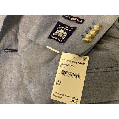 THE SAVILE ROW Sloane Chambray Cotton Brit Slim Suit Jacket Blazer 42L Blue NWT
