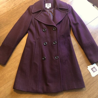 Anne Klein NWT Merlot Double Breasted Peacoat Jacket Size Small Wine 6 button