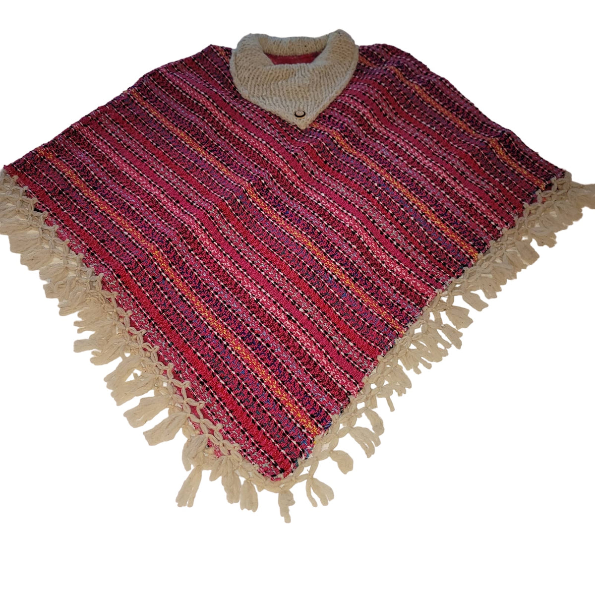 Handmade heavy poncho fringe wood button Winter One Size Multicolor Wool Cotton