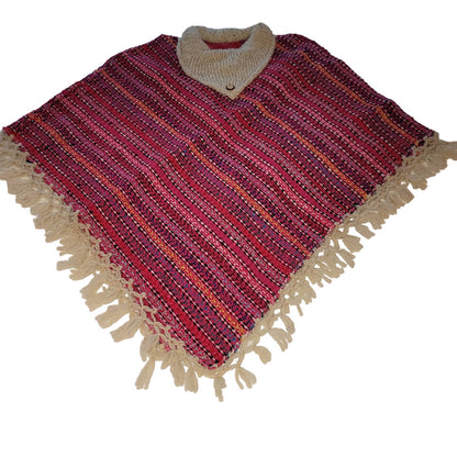 Handmade heavy poncho fringe wood button Winter One Size Multicolor Wool Cotton