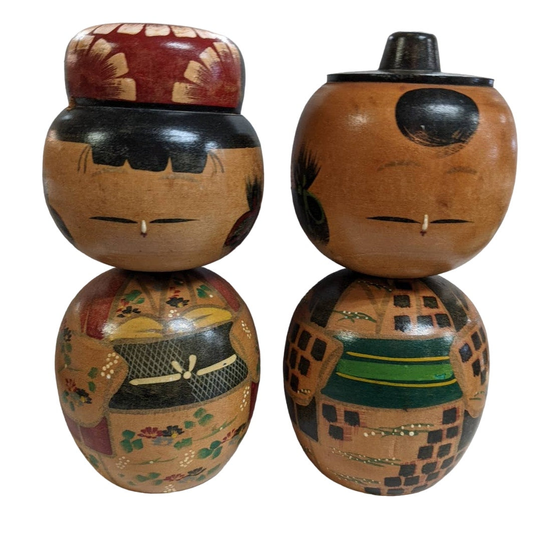 Japanese Hand Painted Kokeshi Doll Pair Set Wooden Large Peg Bobble Head Figure