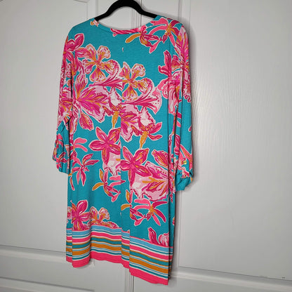 Lilly Pulitzer Linden Jersey Shift Dress in Via Sunny 3/4 Sleeve Turquoise/Pink