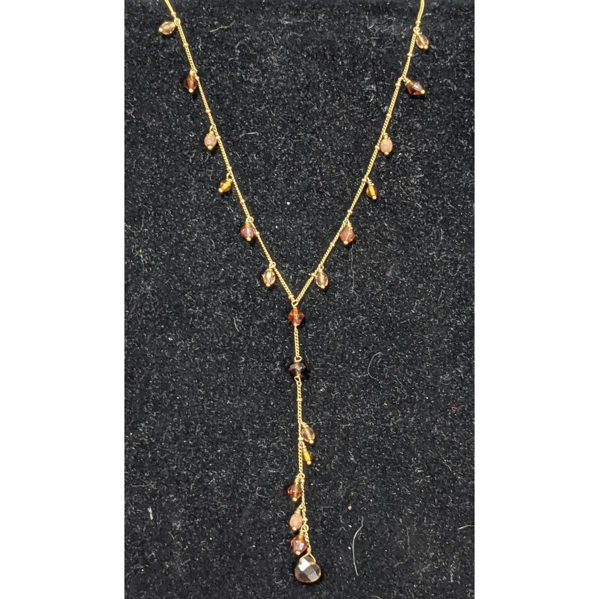 Vintage Handmade Brown Beaded Y Drop Golden Chain Necklace Hoop Earrings Set