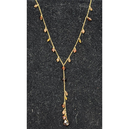 Vintage Handmade Brown Beaded Y Drop Golden Chain Necklace Hoop Earrings Set