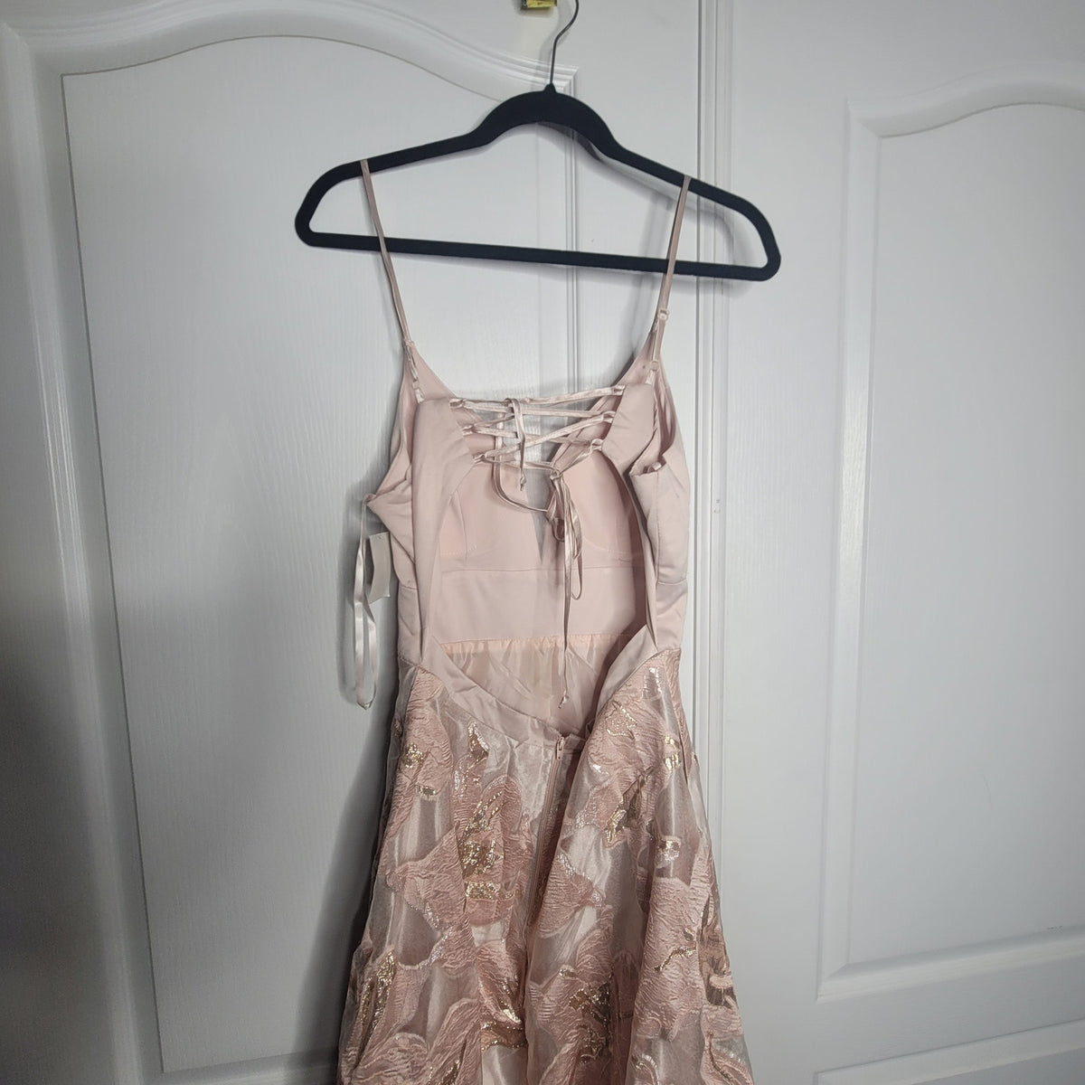 Sequin Hearts Size 7 Pink Women Spaghetti LaceUp Back BurnOut Organza Ball Gown