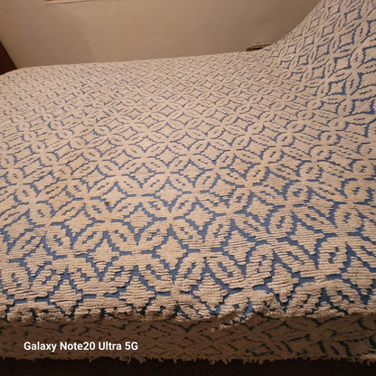 Vintage blue white chenille Bedspread coverlet queen fringe 90" x 100"