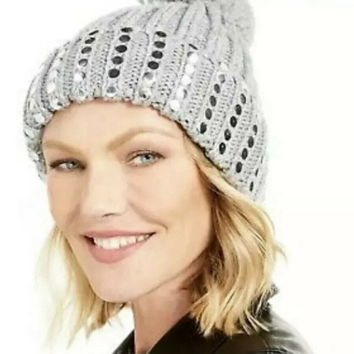DKNY $40 Gray Stud Metallic Ribbed Silver Pompom Beanie hAT wINTER toboggan hat