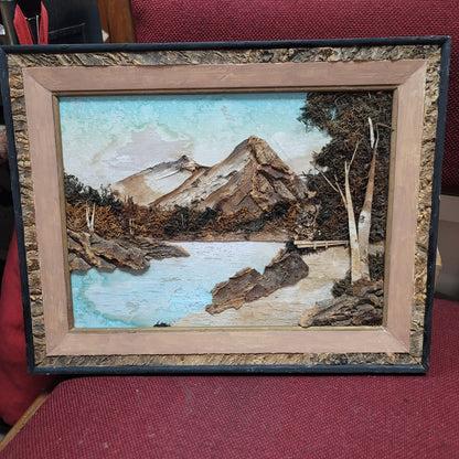 Japanese wood Cork moss landscape MCM art Framed Handcrafted
