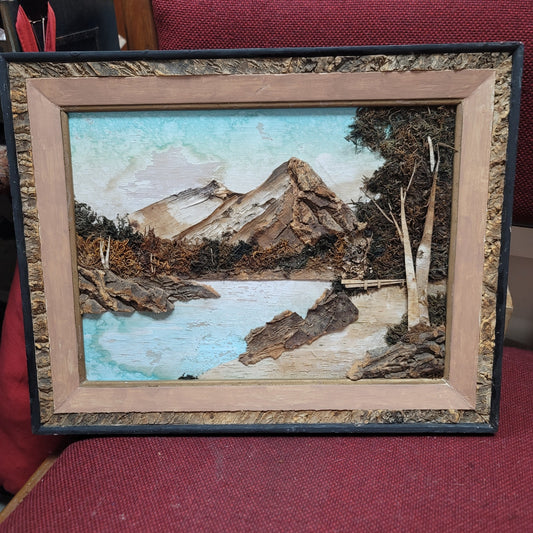 Japanese wood Cork moss landscape MCM art Framed Handcrafted
