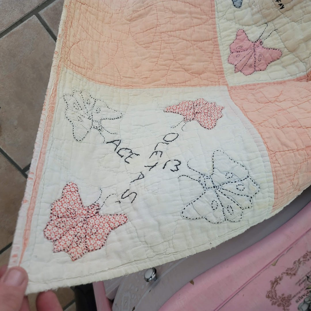 Handmade Pink White Quilt Full Queen Butterfly Stitched Names Community 80x66