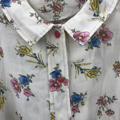 Vintage 1960s White Floral Pleated Button Up Short Sleeve Fit & Flare Dress
