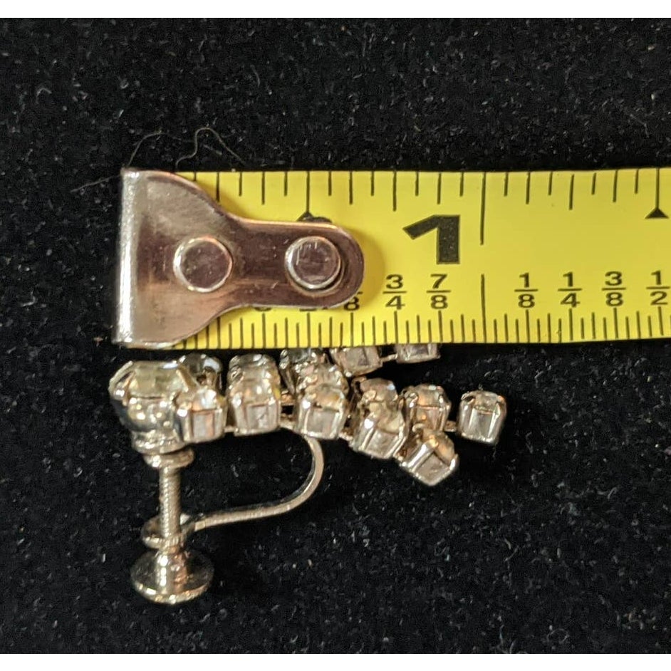 Vintage Screw Clip On Earrings Silver Tone White Rhinestone Dangle Chandelier