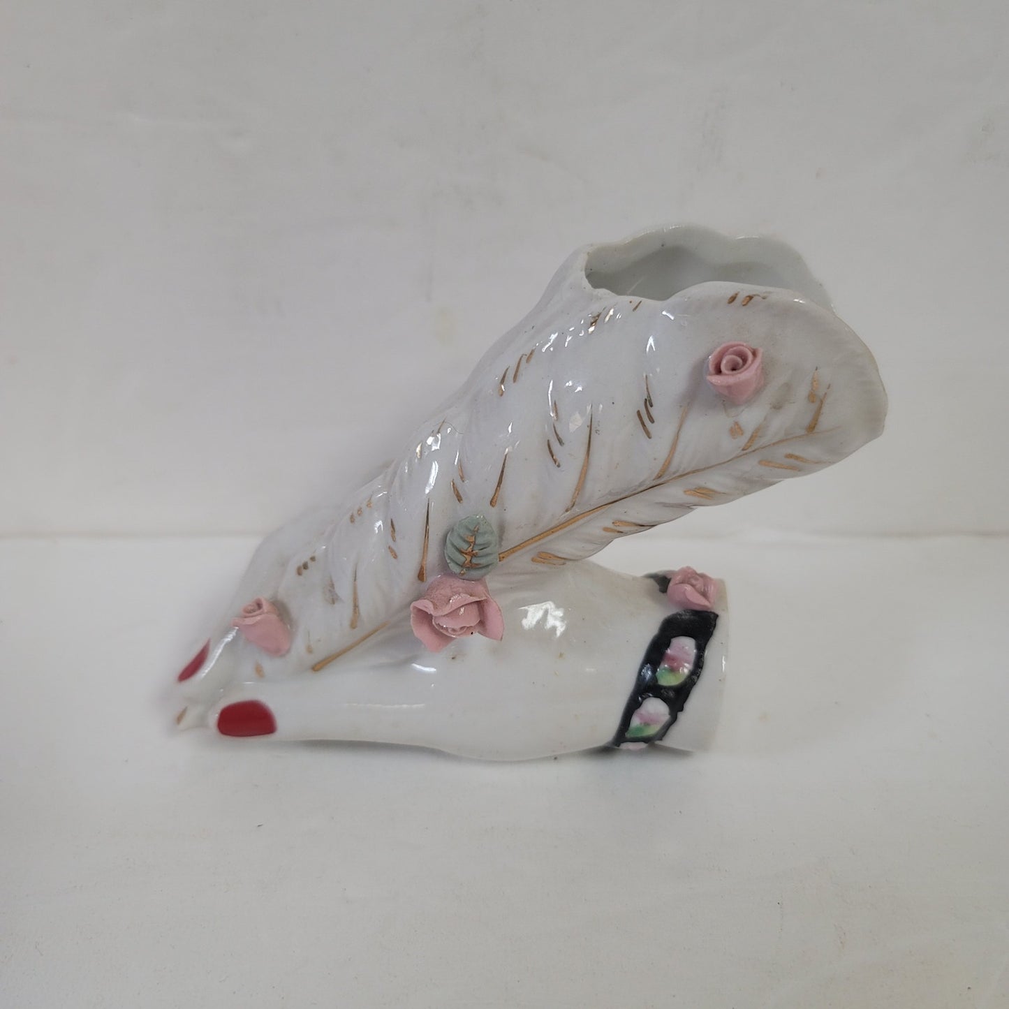 Porcelain hand bud vase vanity Vintage 1950’s Feather Pen Holder White Florals