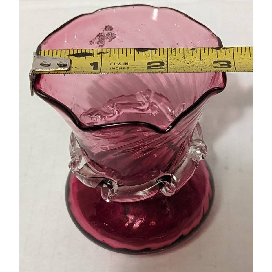 Vintage Pilgrim Cranberry Flared Vase with Clear Glass Accents Petaled Neck Pink
