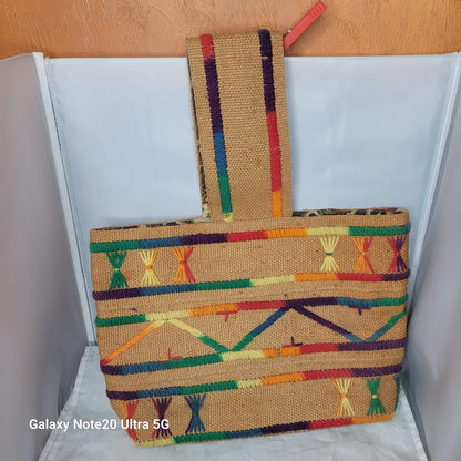 Vtg rainbow BOHO TOTE BEACH HIPPIE BAG WOOD & BURLAP EMBROIDERy purse top handle