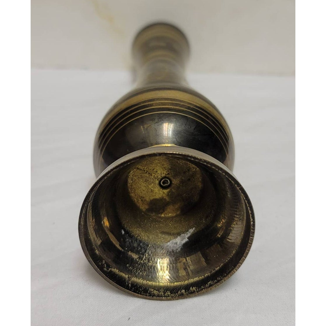 Vintage Indian Brass Metal Fluted Footed Vase Black Patina Etched Floral Pattern