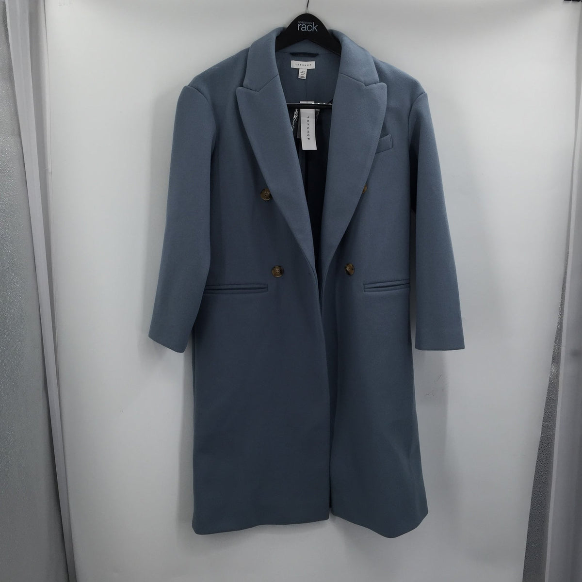 Topshop Brooke Double Breasted Long Coat Collared Neck Four Button Up Blue SZ 4