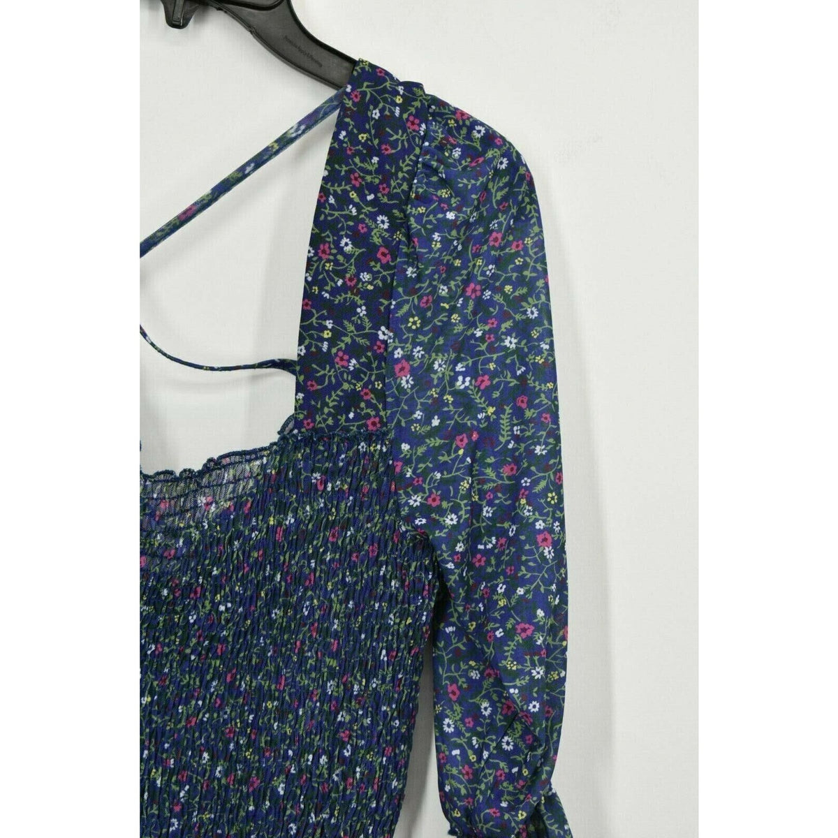 Topshop Criss Cross Ditsy Smocked Square Neck Blouse Size 4 US Blue Floral NWT