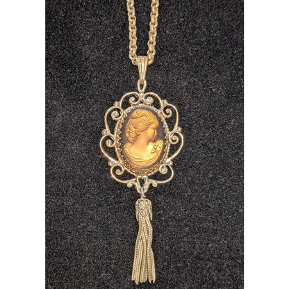 Whiting Davis Vintage Amber Cameo Pendant Gold Tone Necklace Tassel 21"