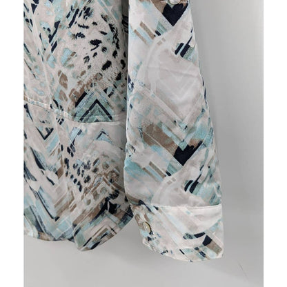 Chico's Lightweight Button Up Shirt Size 0 White Blue Tab Roll Long sleeve