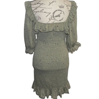 Row A Square Neck Mini Dress Size Medium Sage Green NEW Smocked Ruffled Sheath