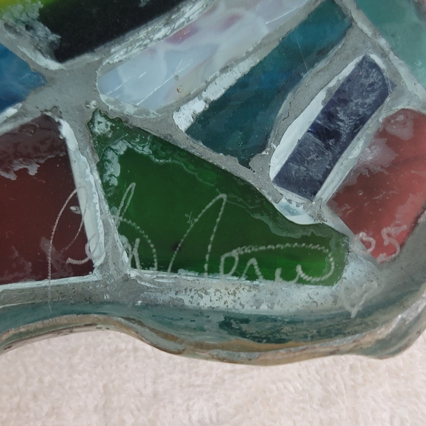Fused glass Art tray mosaic Abstract Design Heavy Sign Peter 05 Vintage platter