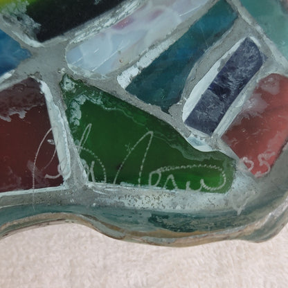 Fused glass Art tray mosaic Abstract Design Heavy Sign Peter 05 Vintage platter