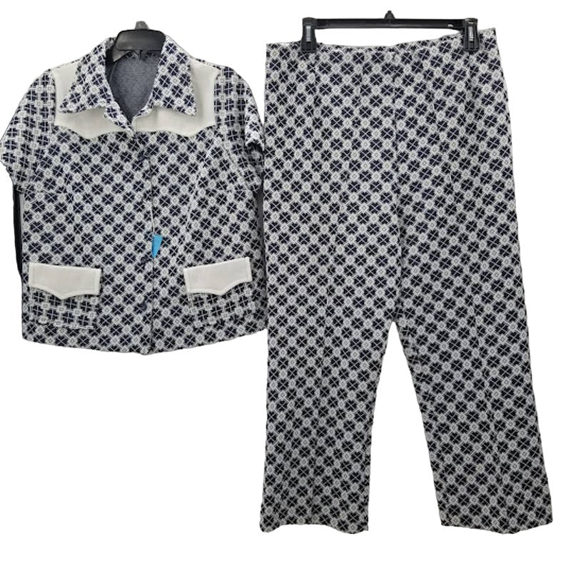 Vintage Blue White Geometric 2 Piece Pant Suit Set Top Pants 1960s 1970s LEISURE