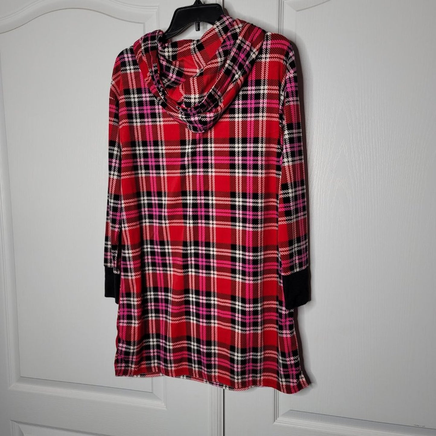 Betsey Johnson Plaid Velour Fleece Hoodie Lounger MEDIUM long sleeve Red NEW