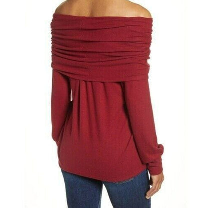 Gibson Look Women's Off Shoulder Cowl Pullover Tunic Top XXS Wine NWT High Low