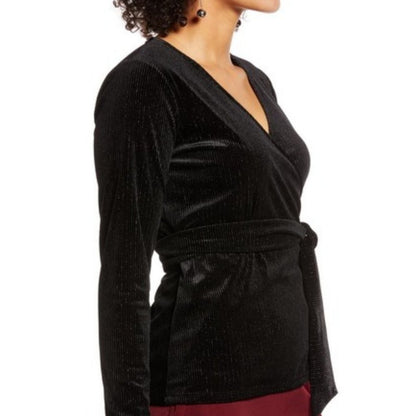 Halogen Velvet Metallic Ribbed Wrap Top Long Sleeve Surplice V-Neck Medium NEW