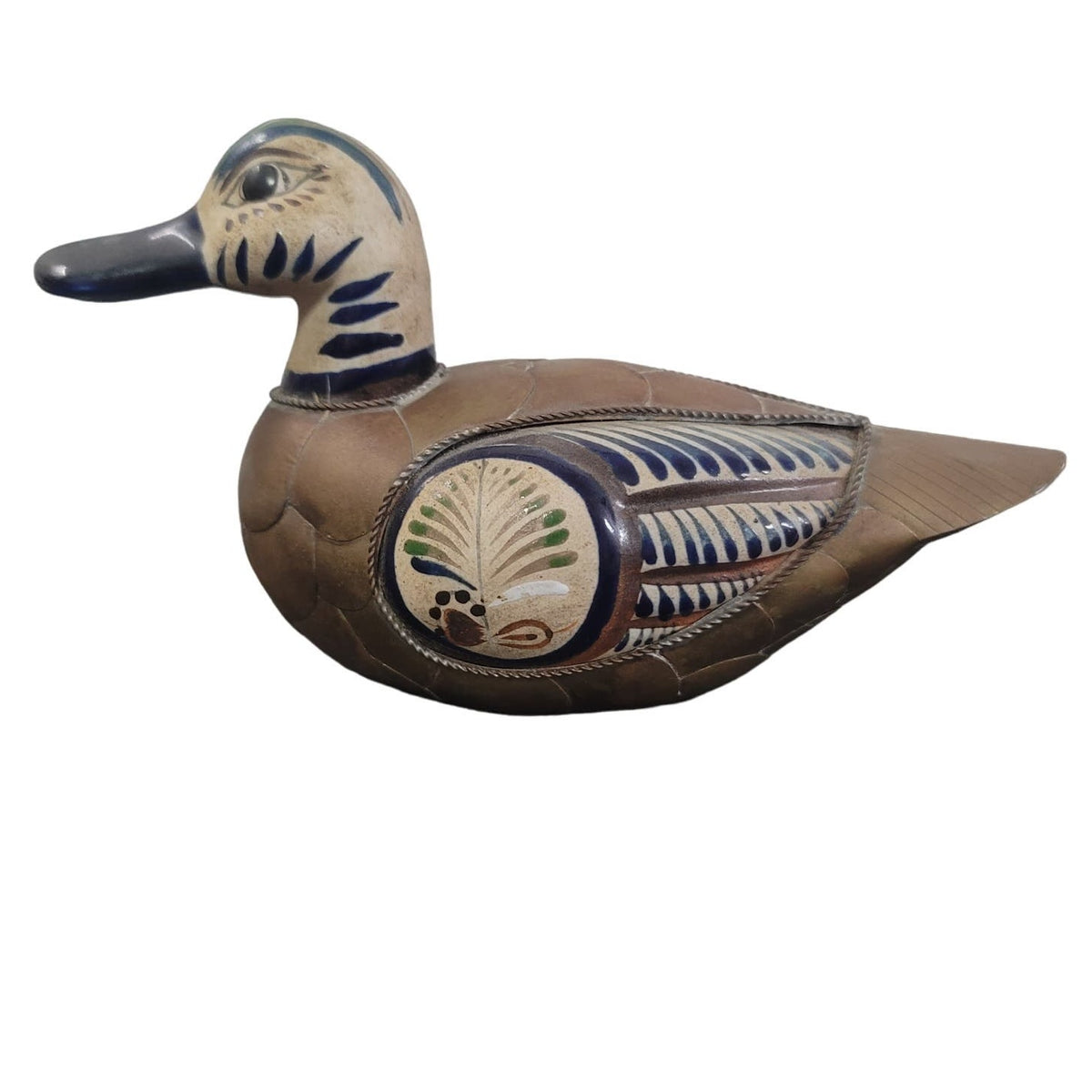 Vintage Tonala Mexican Folk Art Pottery Armored Duck Brass Feathers Hand Painted