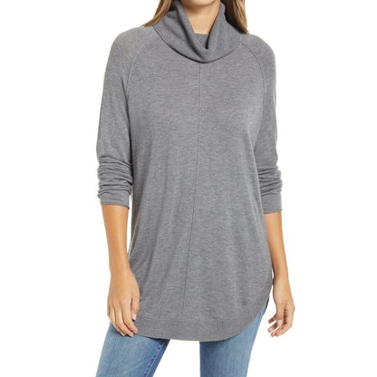 Caslon Tunic Sweater Cowl Neck Long Sleeve Round Hem Knitted Grey Size Medium