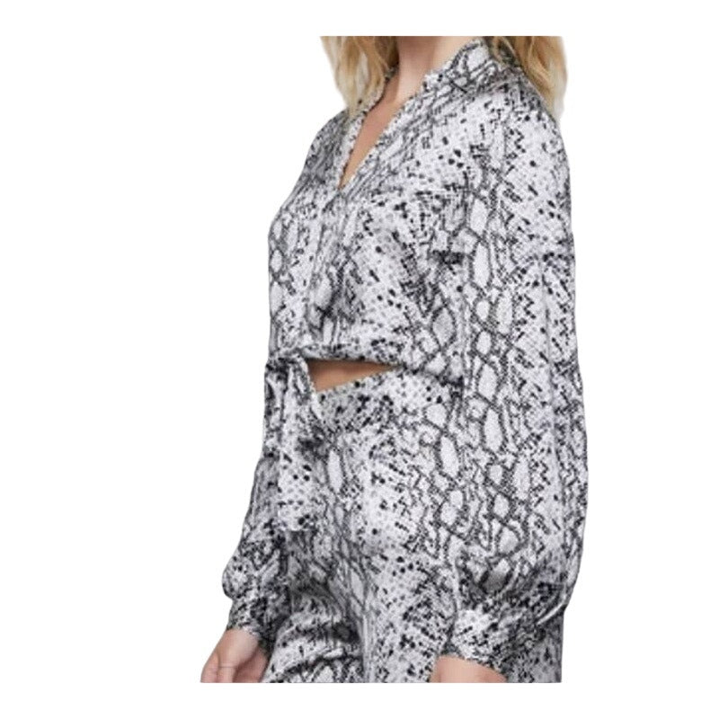 Good American Tie Front Crop Python Print V-Neck Blouse Sz 2 Black/White NWT