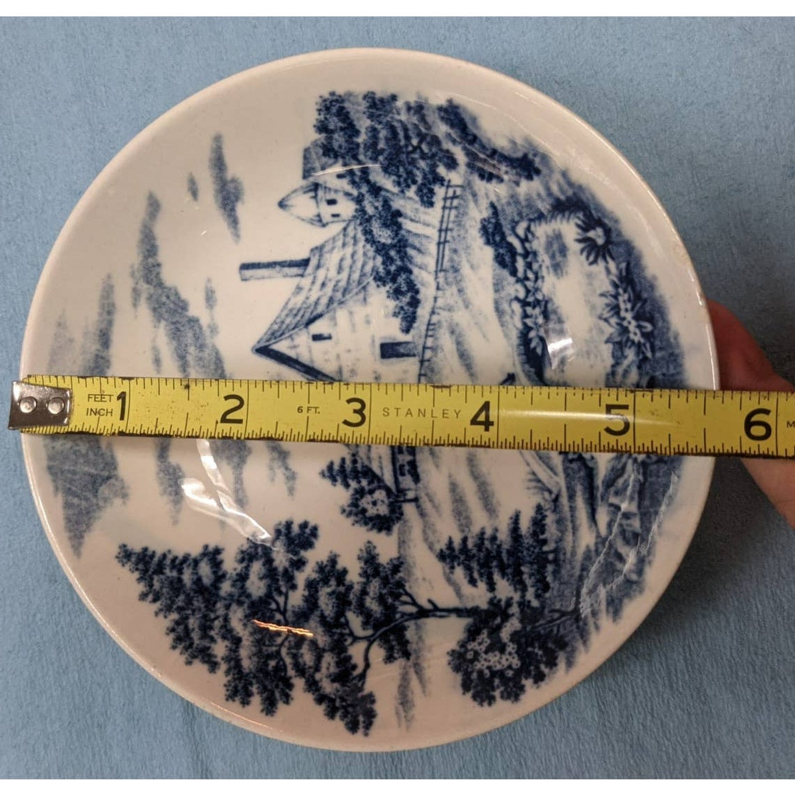 Vintage Japanese Sometsuke Shallow Bowl Farm House Field Design Blue on White