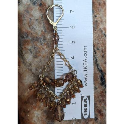 Vintage Brown Glass Gold Tone Chain Chandelier Drop Earrings Dangle with Clasps