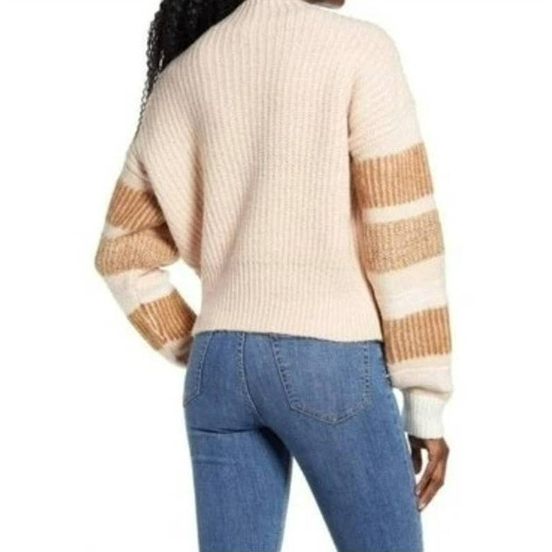 Topshop Womens Pullover Fuzzy Mock Knit Sweater Sz 4-6 Tan/Cream/Pink Stripe NWT