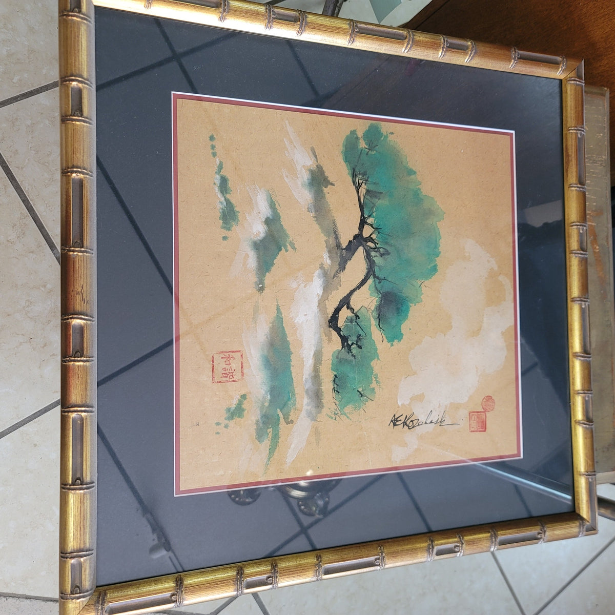 Ann Kozeliski Sum-e Japanese bonsai landscape framed bamboo glass Original