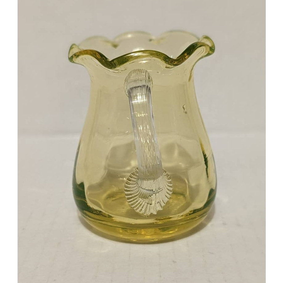 Vintage Uranium Glass Mini Vase handblown Handle JUG pitcher UV Reactive Tested
