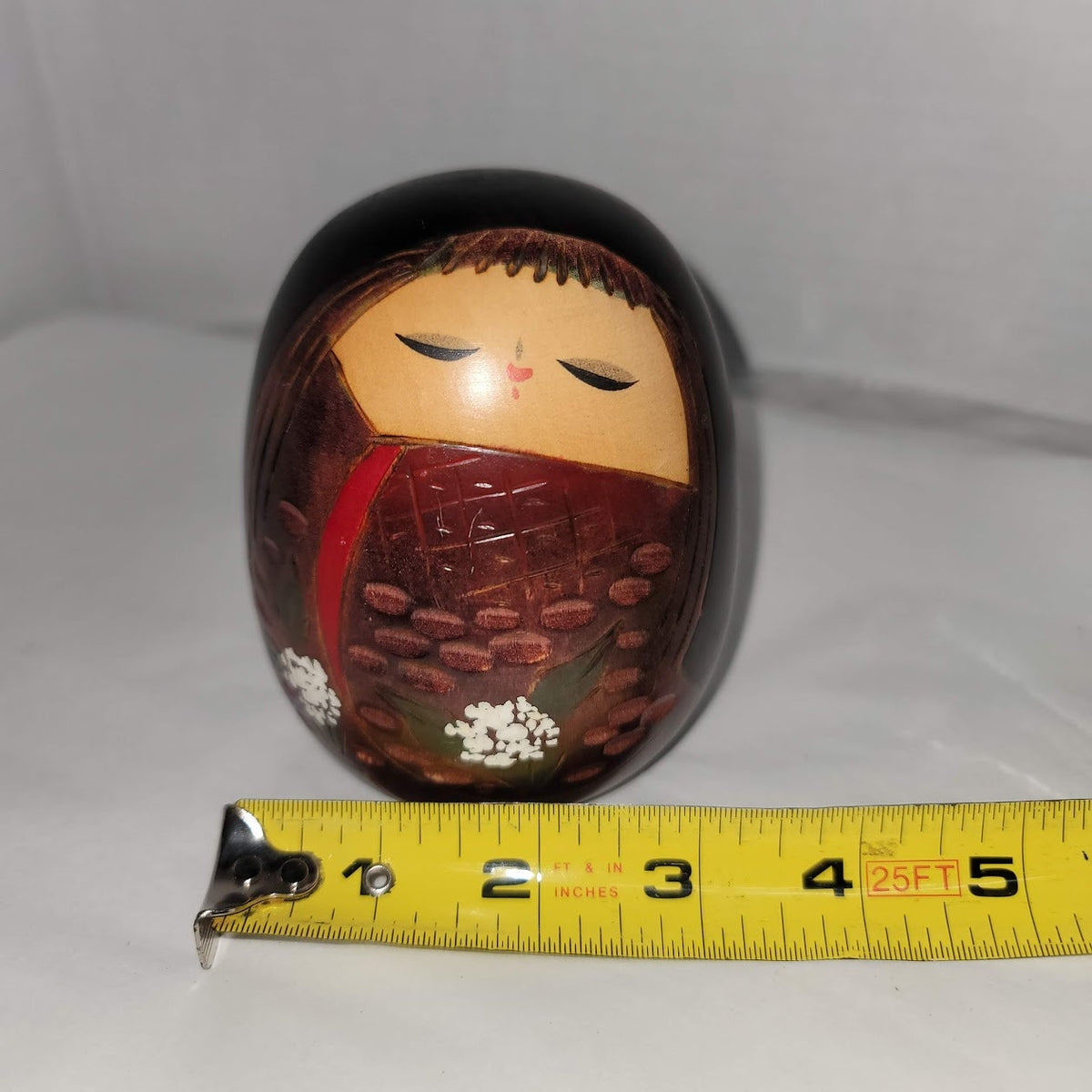 Kokeshi Baby Japanese Signed Wood 4" tall hand painted Carved