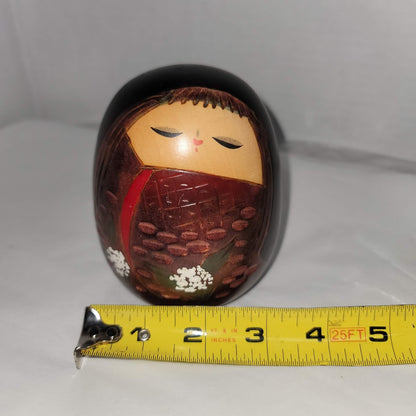 Kokeshi Baby Japanese Signed Wood 4" tall hand painted Carved